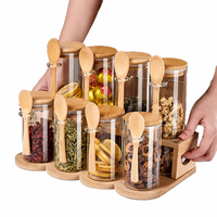 Set Botol Bumbu Lintas Negara dengan Tutup Bambu PVC, Sendok, Aman untuk Microwave, Sembilan Buah, Wadah Penyimpanan Teh