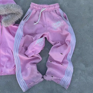 Ensemble de survêtement personnalisé 2pc pour femmes Sweat à capuche en fourrure 100% coton brodé fabriqué pour femmes survêtement en détresse - Product Image 3