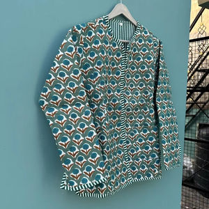 Chaqueta acolchada informal para mujer con cuello en V Bordado floral Bloque hecho a mano Impreso Botones de algodón Manga larga de doble cara - Product Image 1