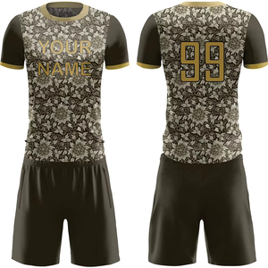 Conjunto de uniforme de fútbol negro gris personalizado con camiseta de fútbol con ribete dorado y pantalones cortos OEM ODM Teamwear ropa deportiva transpirable al por mayor - Product Image 5
