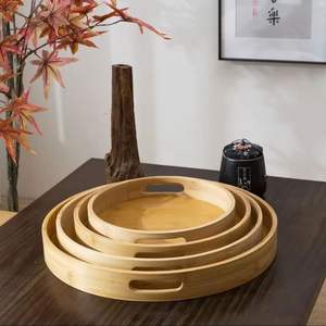 Round solid acacia wood serving tray high wall cutout handles rustic <b>coffee</b> <b>table</b> ottoman platter hotel restaurant catering - Product Image 6