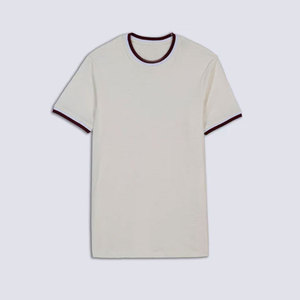 Men's <b>Cream</b> Short Sleeve T-Shirt With Burgundy Contrast Trim Regular Fit Casual Jersey Knit O-Neck Solid Color Top - Product Image 5