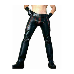 กางเกงหนังผู้ชายสั่งตัดพิเศษ แต่งแถบสีแดงด้านข้าง ทรงบรีชสีน้ำเงิน คุณภาพสูง ทันสมัย ปี 2025 - Product Image 2