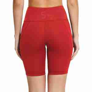 Shorts cyclistes taille haute rouges pour femme, en tricot de spandex et polyester respirant, avec taille élastique, couleur unie, pour le sport, l'entraînement et le yoga - Product Image 3