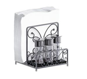 Caddy de mesa, servilletero de alambre de metal negro con 3 condimentos de vidrio/Salero y pimentero - Product Image 1