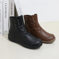 [JSHOE] Bottines courtes en cuir de vachette Action, talon de 4,5 cm, pour femmes, doublure en polaire, chaudes, décontractées, bout rond, fermeture éclair