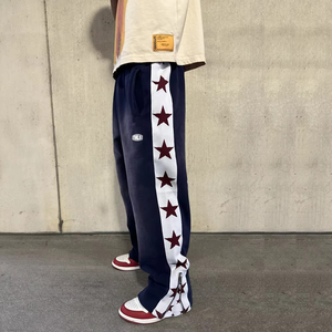 Pantalones de chándal lavados con ácido de lana de algodón 100% personalizados, ropa de calle de tela de punto con estrellas, pantalones tobilleros con cremallera y etiqueta de goma para hombres - Product Image 3