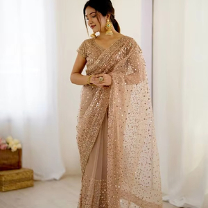 Saree en filet glamour à paillettes naturelles modernes avec paillettes et tissu crêpe au beurre de travail Dori réversible avec jupon pour les fêtes - Product Image 1