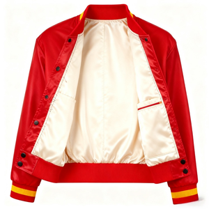 แจ็คเก็ตบอมเบอร์ผู้ชายผ้าซาตินสีแดงสไตล์อเมริกันแบบขายส่ง แจ็คเก็ตนักบิน แจ็คเก็ตเลตเตอร์แมนแนวสตรีท สวมใส่สบาย ระบายอากาศได้ดี - Product Image 6