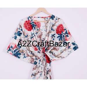 Handmade 100% Cotton Floral Midi <b>Kaftan</b> Dress V-Neck Short Sleeve Sexy Bodycon Silhouette Tassel Ruffle Eco-Friendly Party Wear - Product Image 2