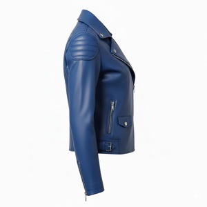 Veste en cuir bleue pour femmes, style moto, vente en gros personnalisée, usine, cuir véritable, vêtements d'extérieur, mode motard, manteau pour femmes - Product Image 4