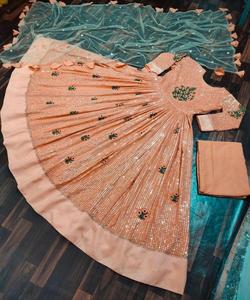 Dernier Look Riche Réception Porter Belle Couleur Rose Dernière Manches Régulières Cou Broderie Travail Longue Robe Alphanumero choli - Product Image 3