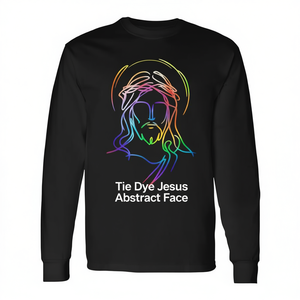 T-shirt a maniche lunghe con viso astratto di Gesù, design con linee arcobaleno in stile tie-dye - Product Image 2