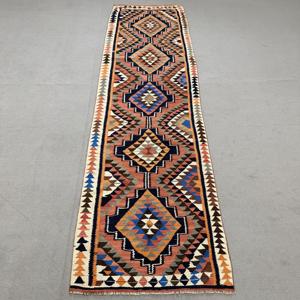 Alfombra Turca de Lana Vintage con Diseño a Cuadros Azules, 3x10.6 pies - Product Image 1