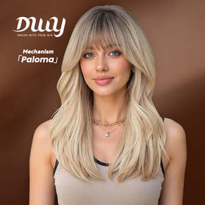 Paloma C-DWY Mid-Length Wavy Rooted Blonde <b>Wig</b> with Bangs Gen 2 Large Realistic Scalp Glueless Synthetic Transparent Lace Color - Product Image 1