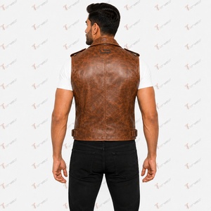 Gilet de motard pour homme Tiierwear en similicuir marron, double boutonnage, col rabattu avec fermetures éclair, logo avant, vêtement d'extérieur pour l'automne - Product Image 3