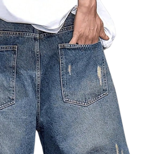 <b>Mens</b> Blue Distressed Denim <b>Shorts</b> Baggy Fit Ripped <b>Knee</b> <b>Length</b> Casual Streetwear 100% Cotton Breathable Quick Dry Summer Fashion - Product Image 5
