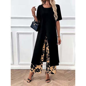 Women's Short-Sleeved <b>Viscose</b> Long Blouse with Front Cross Detail and Patterned Two-Thread <b>Trousers</b> Two-Piece Set, 35782 - Black - Product Image 2