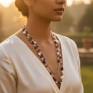 Collier long en améthyste et perles fines pour femmes - Product Image 2