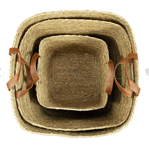 Set Woven <b>Storage</b> <b>Basket</b> Set with Leather Handles, Handwoven Seagrass Laundry and Home Organizer Wholesale - Product Image 6