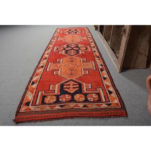 Turkish Vintage Eco-Friendly Latex Backing Rug 3.1x10.5 ft Herki Rug <b>Red</b> Blue Patchwork <b>Wool</b> Rug with Medium Pile - Product Image 2