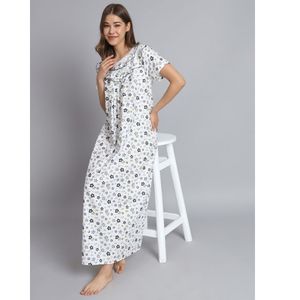 Camisón de encaje 100% algodón para mujer, manga media, largo completo, tela suave y transpirable, estampado floral en el cuello, para verano, otoño y primavera - Product Image 1