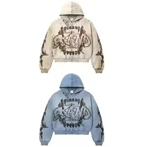 Men's Vintage Street <b>Acid</b> Wash Hoodie with Cropped Hem Fall '25 <b>Drop</b> Plain Dyed with Silk Screen Printing - Product Image 3