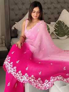 Traditionnel indien élégant Bollywood Designer rose-couleur broderie mariée Georgette Sari dernière mode Look ethnique tenue de fête - Product Image 2