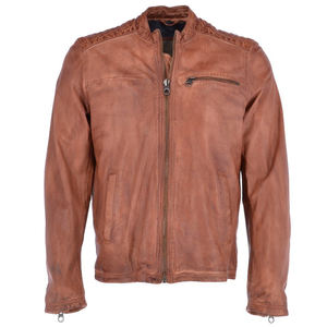 Chaqueta de piel auténtica de vaca de alta calidad OEM para hombre, chaqueta de piel de motorista de invierno con cuello levantado y estampado de letras - Product Image 1
