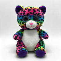 Peluche unique chat imprimé léopard arc-en-ciel, adorable chat en peluche aux grands yeux scintillants, poupée chat assise douce
