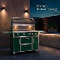 Barbecue à gaz vert émeraude sur chariot en acier inoxydable avec armoire de rangement et roues