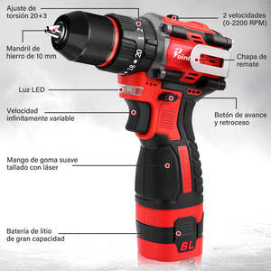 Taladro de Impacto Pointekx 16.8V 1.5Ah Sin Escobillas Rojo y Negro de Velocidad Variable, Herramienta Profesional para Trabajos en Madera - Product Image 4