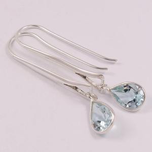 Pendientes de piedras preciosas de Topacio Azul, pendientes redondos de piedra azul de plata de ley sólida 925 para mujeres y niñas, pendientes colgantes de plata, plata - Product Image 2