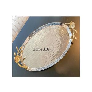 Plateau de nourriture en acier inoxydable martelé avec poignées de feuille dernière conception plateau de service de nourriture de couleur argent par Home Arts - Product Image 3