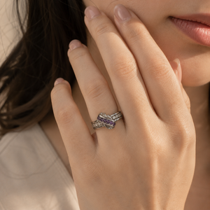 Rhodium Plated Amethyst Infinity Twist <b>Couple</b> <b>Ring</b> with Bezel Set Zircon - Product Image 5