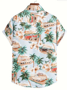 100% algodón, camiseta para hombre, ajuste holgado, camisa hawaiana informal estampada para hombre con estampado de árbol de coco, Manga corta antiarrugas - Product Image 2