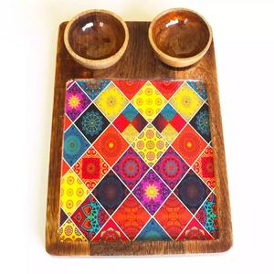 Eco Friendly Durable Handcrafted Decorative for Wood Tray Set Traditional Enamel Printed Base Two <b>Wooden</b> <b>Bowls</b> Ramadan Wedding - Product Image 1