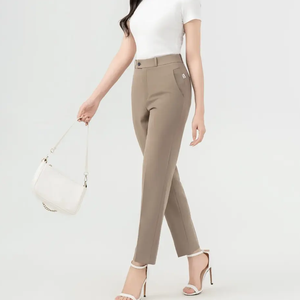 Pantalon droit taille haute anti-plis écologique pour femme, couleur unie, longueur cheville, coupe classique, fermeture éclair, idéal pour le bureau et les occasions formelles, collection Printemps - Product Image 2