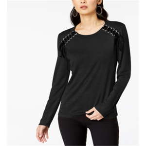 INC International Concepts Felpa da donna con lacci neri in tessuto lavorato a maglia traspirante, taglia Petite S/M - Product Image 1