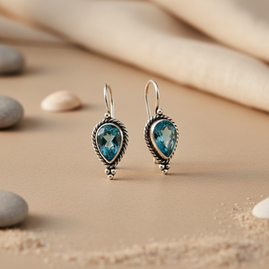 Boucles d'oreilles vintage en forme de goutte d'eau avec pierre de topaze bleue sertie dans une monture en alliage d'argent sterling pour femmes, bijoux pendantes tendance - Product Image 2