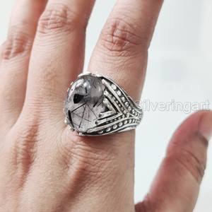 Bague en argent sterling 925 pour homme, avec pierre précieuse naturelle quartz rutile noir, pierre de naissance de avril, bijoux arabes de Noël, vente en gros - Product Image 1