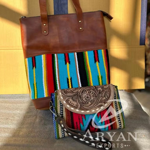 กระเป๋าโท้ทผ้าห่มหนังแท้สไตล์ตะวันตกสำหรับผู้หญิงผ้าห่มหนังอานม้าแบบมีสไตล์กระเป๋าสตางค์ชุดคอมโบ - Product Image 1