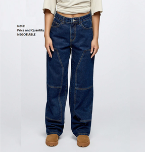 Vintage Distressed Mid Waist Flat Front <b>Women's</b> <b>Baggy</b> <b>Jeans</b> Pants with Painted Decorations 100% Organic Cotton - Product Image 1