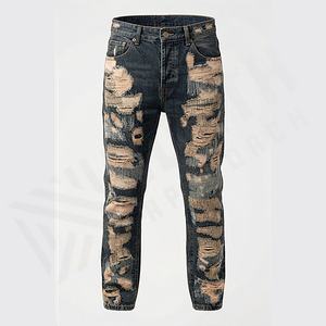 Jeans slim pour homme de haute qualité, denim, patch au genou, coupe droite, taille haute, délavé clair, super couture, couleur personnalisée - Product Image 1