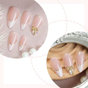 24 <span class=keywords><strong>Uñas</strong></span> Postizas Francesas Blancas con Punta Almendrada Mediana, Diseño Acrílico 3D con Lazo <span class=keywords><strong>y</strong></span> Línea Dorada, <span class=keywords><strong>Uñas</strong></span> Adhesivas al por Mayor - Product Image 2