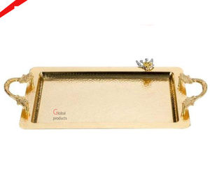 Bandeja de servicio con acabado dorado de diseño increíble con mango de hoja de diseñador para hotel - Product Image 1