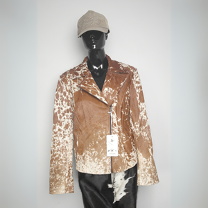 Chaqueta de piel de vaca para mujer hecha a medida más vendida, tela de satén transpirable, tejido impermeable con patrón de Animal único - Product Image 1