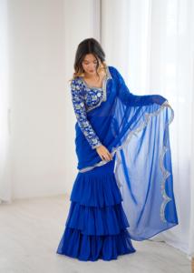 Sari pour femme en faux georgette premium à volants avec broderie de sequins et fils, en stock, délai de livraison sans échantillon - Product Image 3