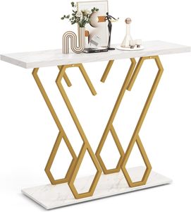 Table console en métal moderne couleur or dessus en marbre blanc élégant entrée couloir Accent cadre robuste Design minimaliste écologique - Product Image 1