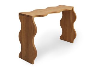 Mesa consola moderna Agatha de madera maciza de teca con forma ondulada y acabado natural. - Product Image 2